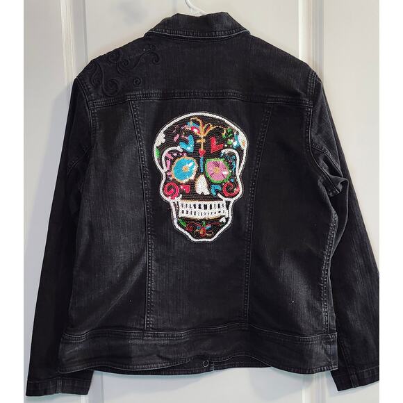 Chico's Women's Black Denim Jacket Custom Patches, Size L - Picture 1 of 9